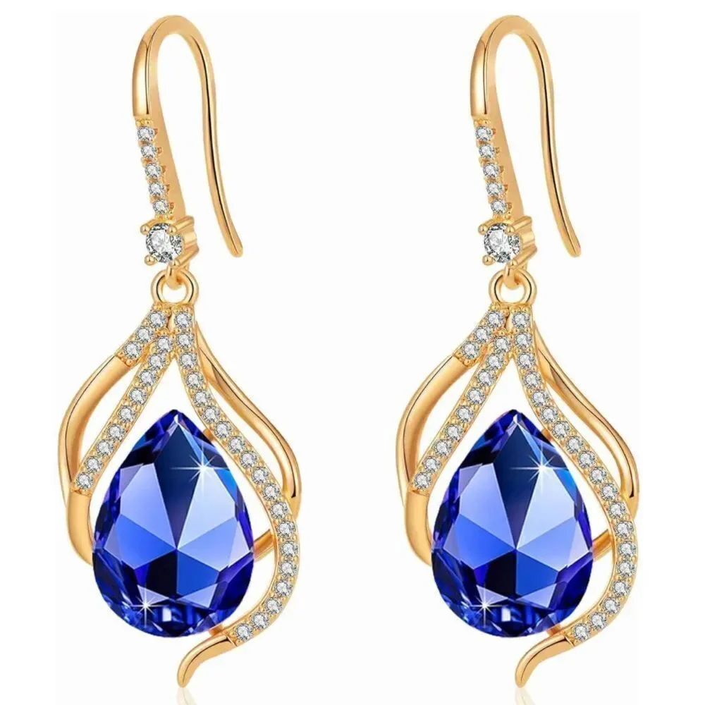14K Yellow Gold with Bermuda Blue Austrian Crystal Twisted Teardrop Earrings